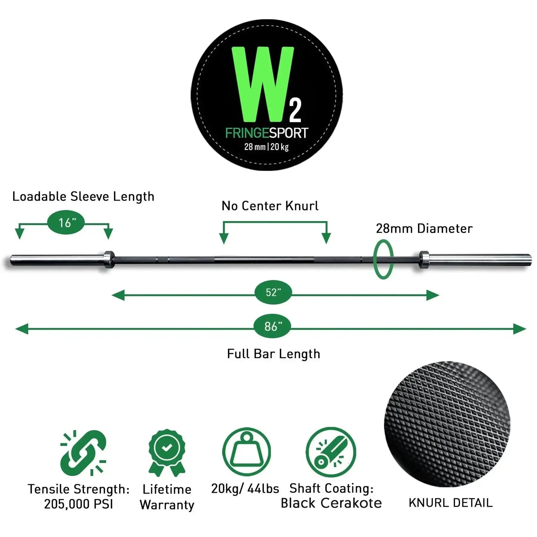 Fringe Sport Wonder Barbell 20kg (Bushing) | 1600 lb Capacity, 28mm Shaft, Cerakote Finish - Peak Performance Supply