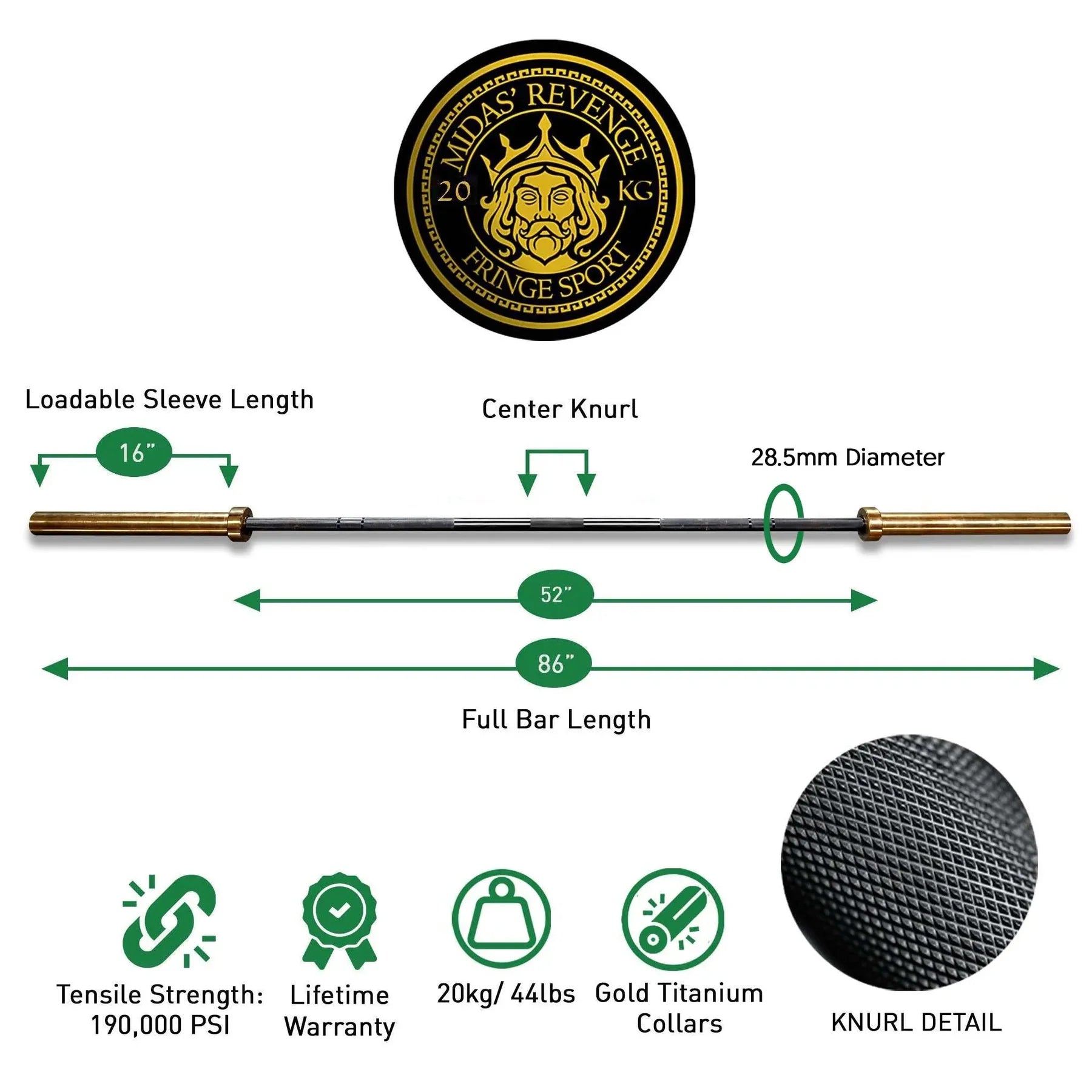 Fringe Sport Midas’ Revenge 20kg Barbell | Gold Titanium Sleeves, Cerakote Finish, 1,500lb Capacity - Peak Performance Supply