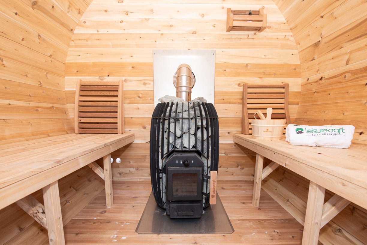 LeisureCraft CT Elation Outdoor Cedar Sauna – 4 - Person Canadian Cedar Barrel Sauna - Peak Performance Supply