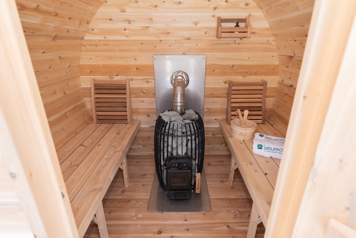 LeisureCraft CT Elation Outdoor Cedar Sauna – 4 - Person Canadian Cedar Barrel Sauna - Peak Performance Supply