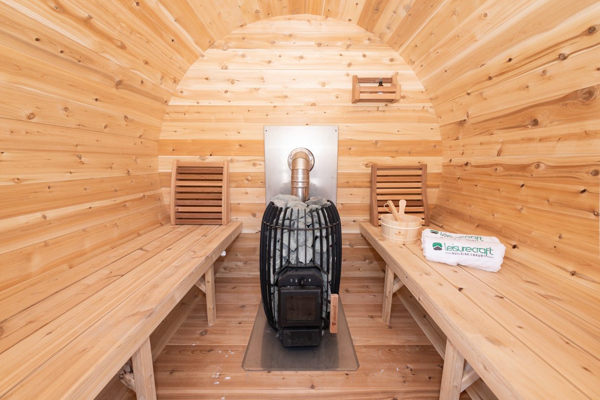 LeisureCraft CT Elation Outdoor Cedar Sauna – 4 - Person Canadian Cedar Barrel Sauna - Peak Performance Supply