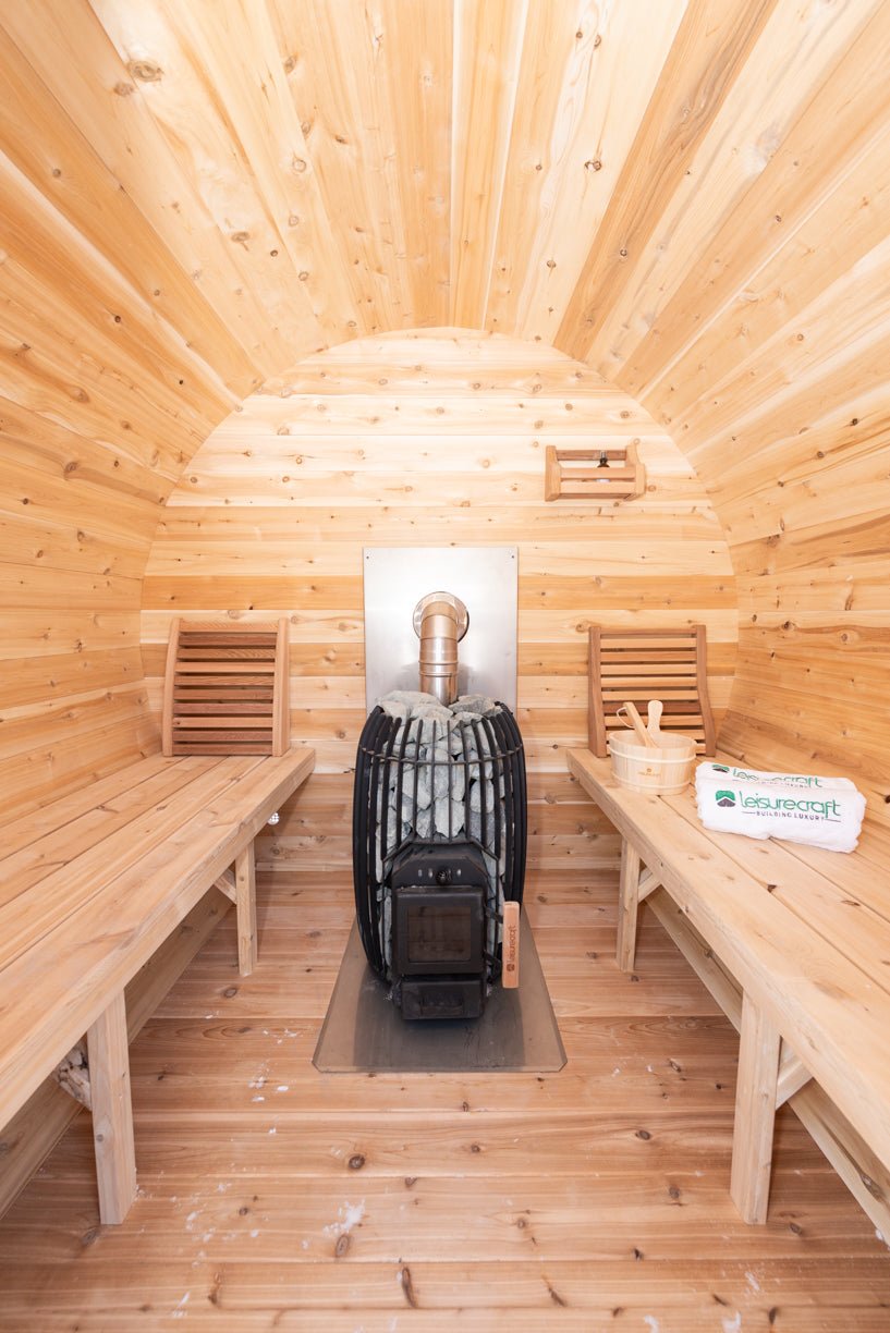 LeisureCraft CT Elation Outdoor Cedar Sauna – 4 - Person Canadian Cedar Barrel Sauna - Peak Performance Supply