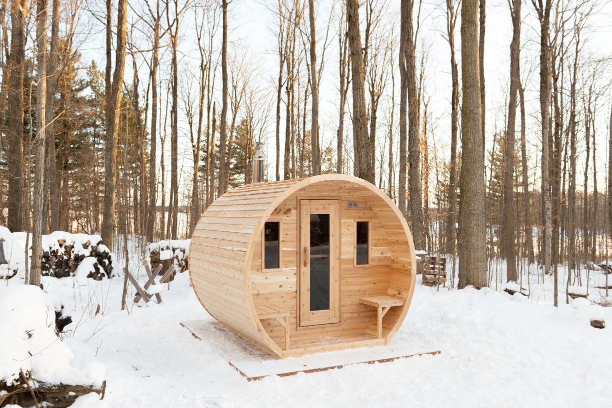 LeisureCraft CT Elation Outdoor Cedar Sauna – 4 - Person Canadian Cedar Barrel Sauna - Peak Performance Supply