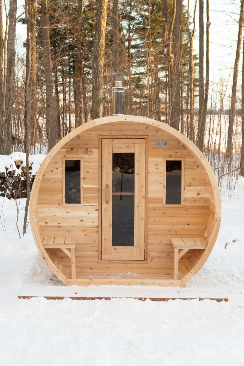 LeisureCraft CT Elation Outdoor Cedar Sauna – 4 - Person Canadian Cedar Barrel Sauna - Peak Performance Supply