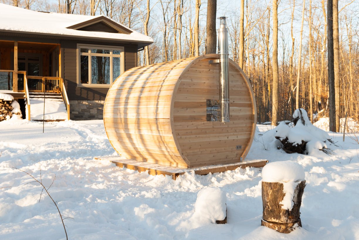 LeisureCraft CT Elation Outdoor Cedar Sauna – 4 - Person Canadian Cedar Barrel Sauna - Peak Performance Supply