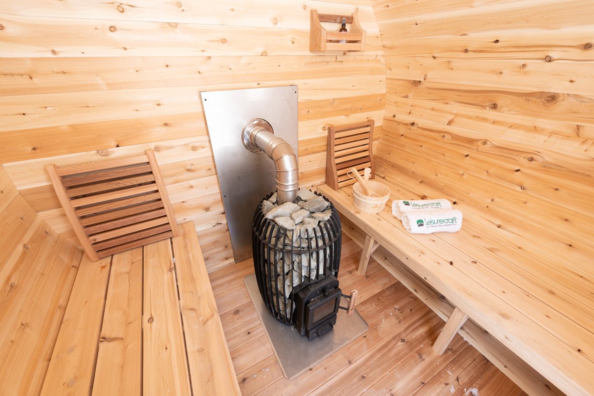 LeisureCraft CT Elation Outdoor Cedar Sauna – 4 - Person Canadian Cedar Barrel Sauna - Peak Performance Supply