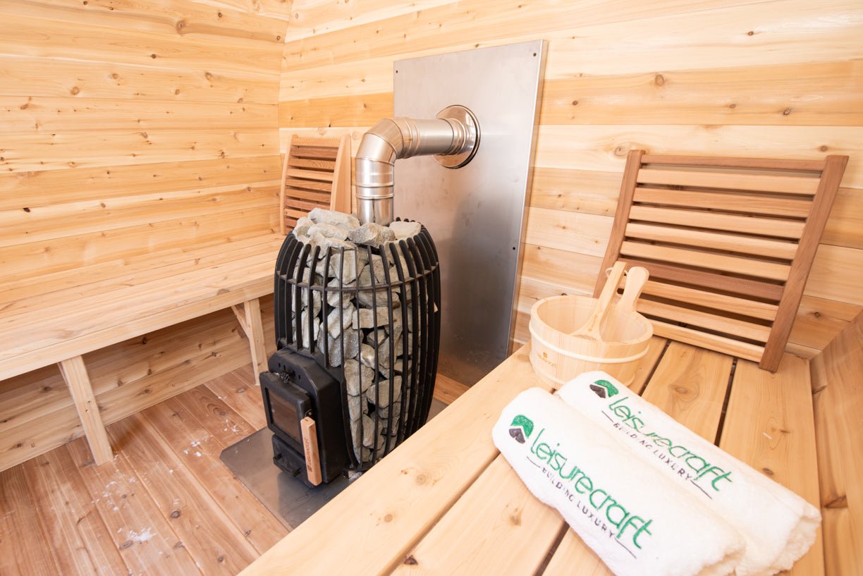 LeisureCraft CT Elation Outdoor Cedar Sauna – 4 - Person Canadian Cedar Barrel Sauna - Peak Performance Supply