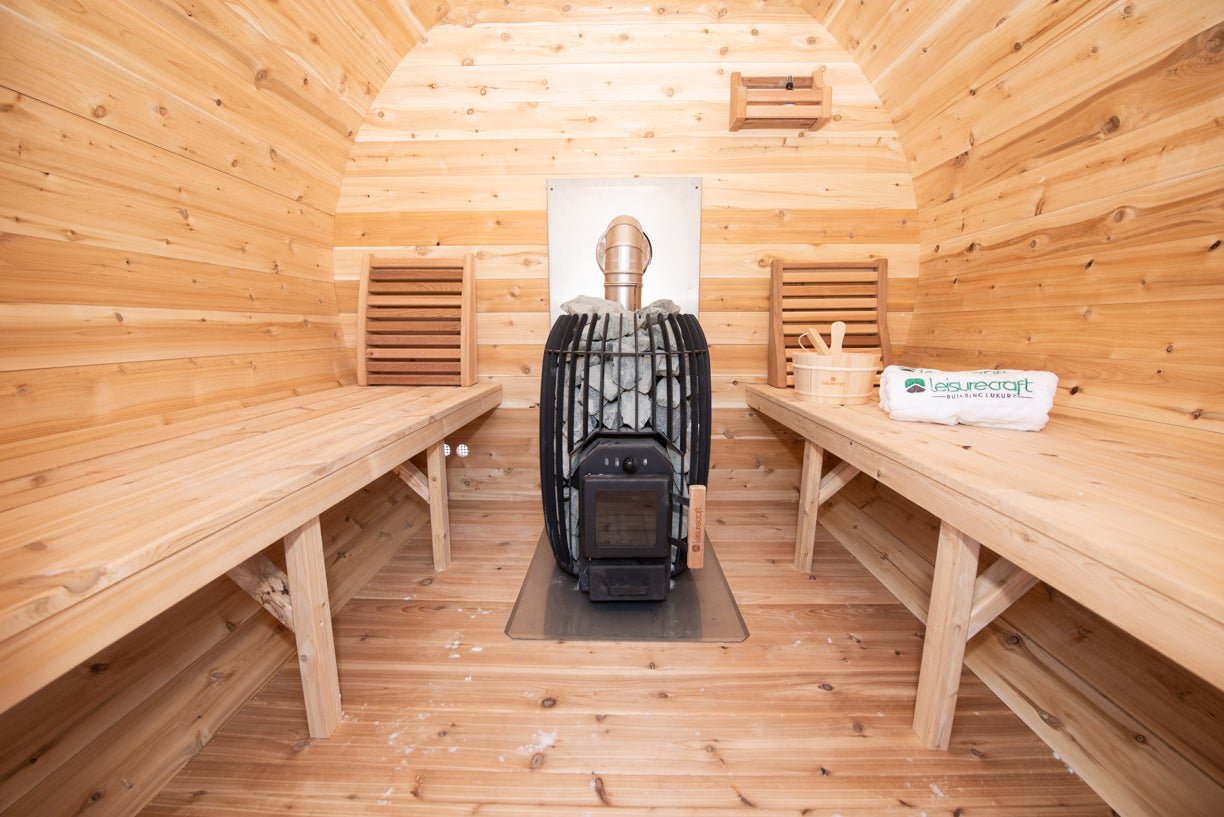LeisureCraft CT Elation Outdoor Cedar Sauna – 4 - Person Canadian Cedar Barrel Sauna - Peak Performance Supply