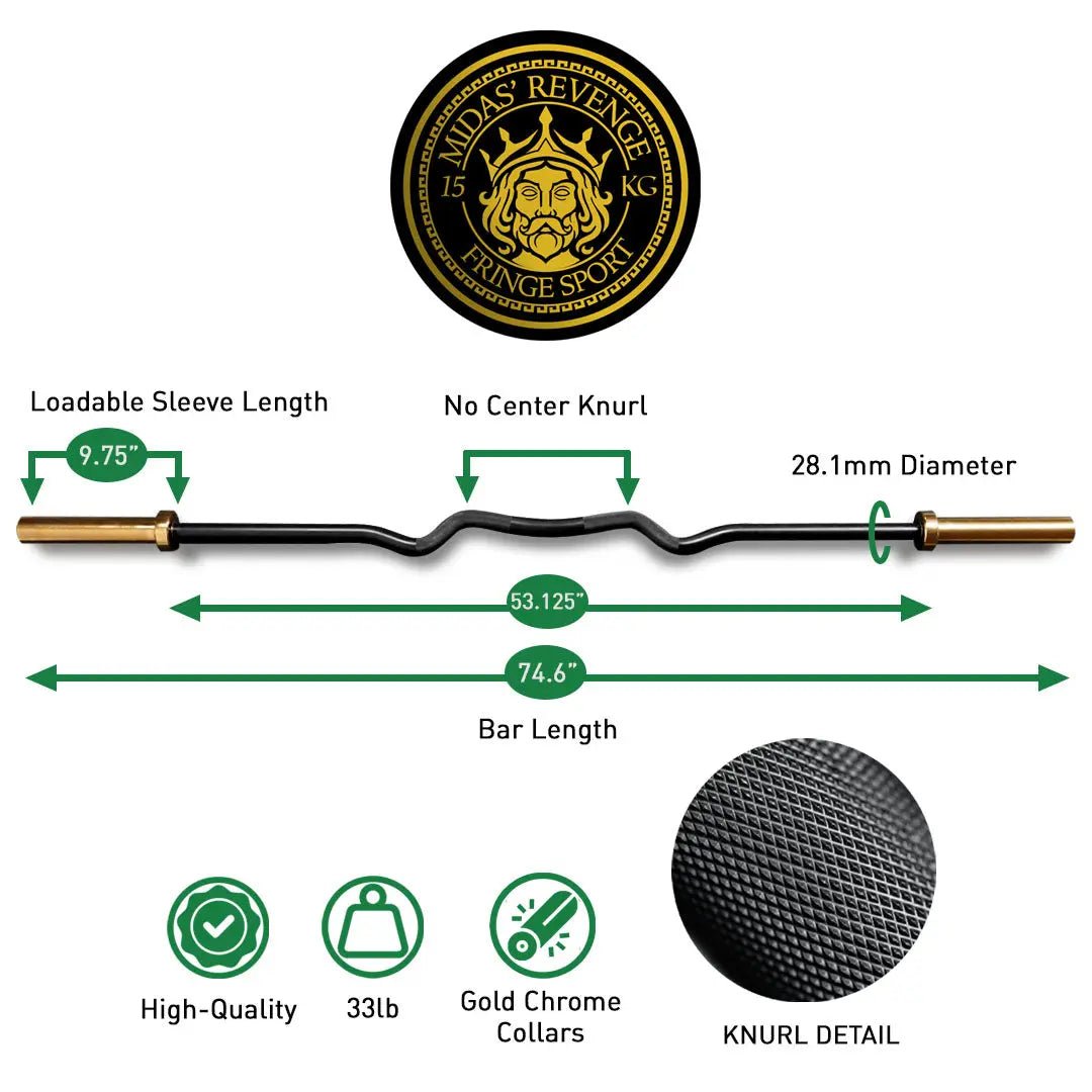 Fringe Sport Midas Revenge Rackable EZ Curl Bar – 15KG Premium Cerakote Curl Bar (Gold Titanium Collars)
