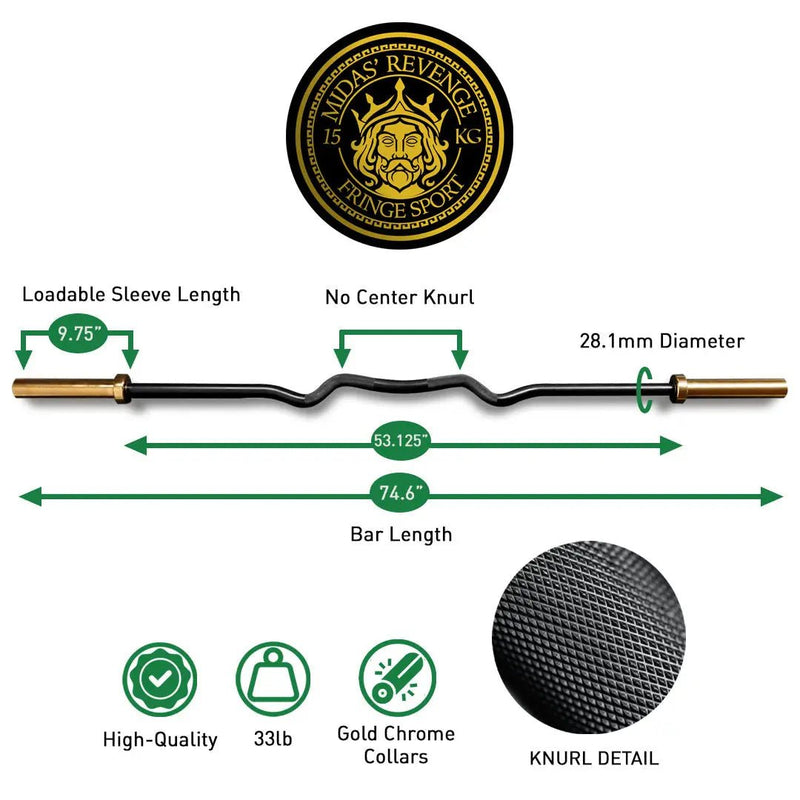 Fringe Sport Midas Revenge Rackable EZ Curl Bar – 15KG Premium Cerakote Curl Bar (Gold Titanium Collars)