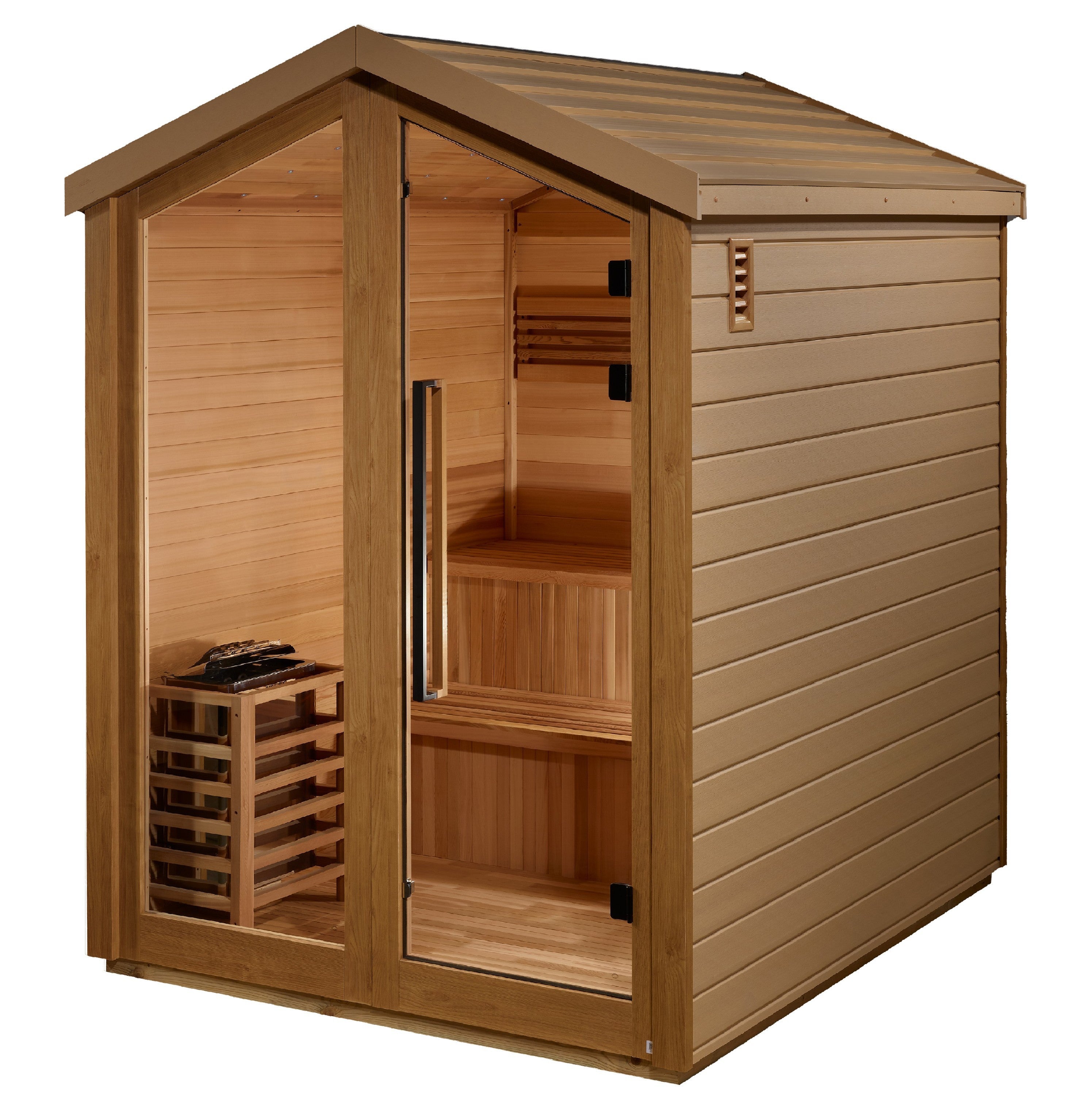 Golden Designs Savonlinna 3 Person Outdoor Traditional Sauna GDI-8503-01 — interior stove and bench detail