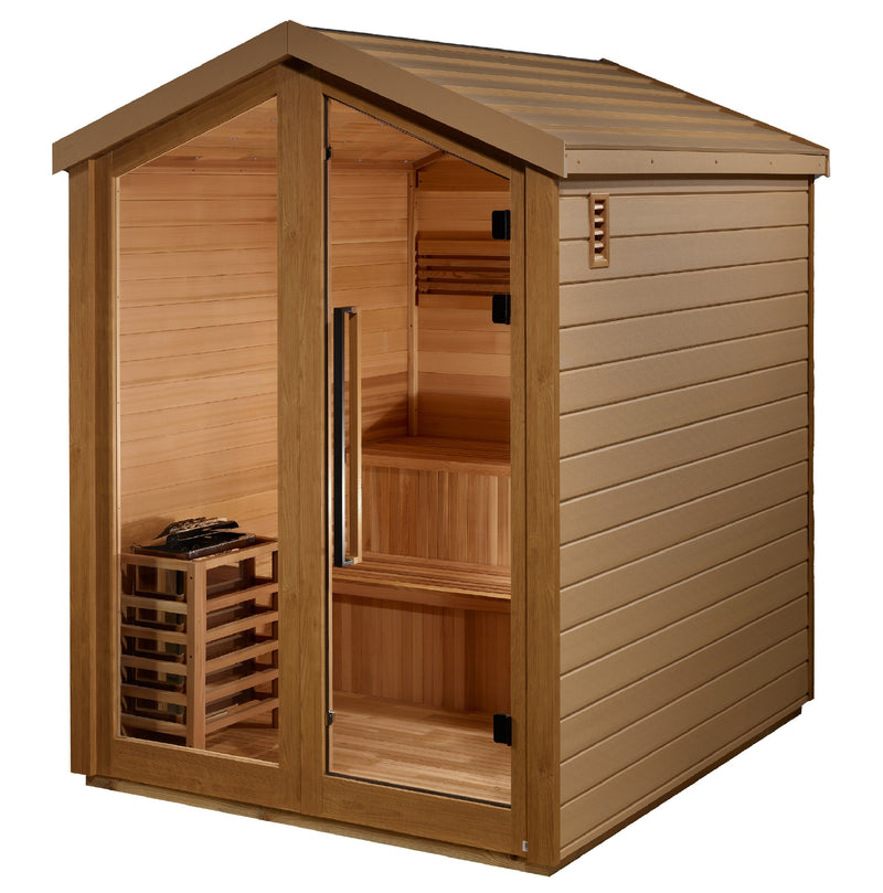 Golden Designs Savonlinna 3 Person Outdoor Traditional Sauna GDI-8503-01 — interior stove and bench detail