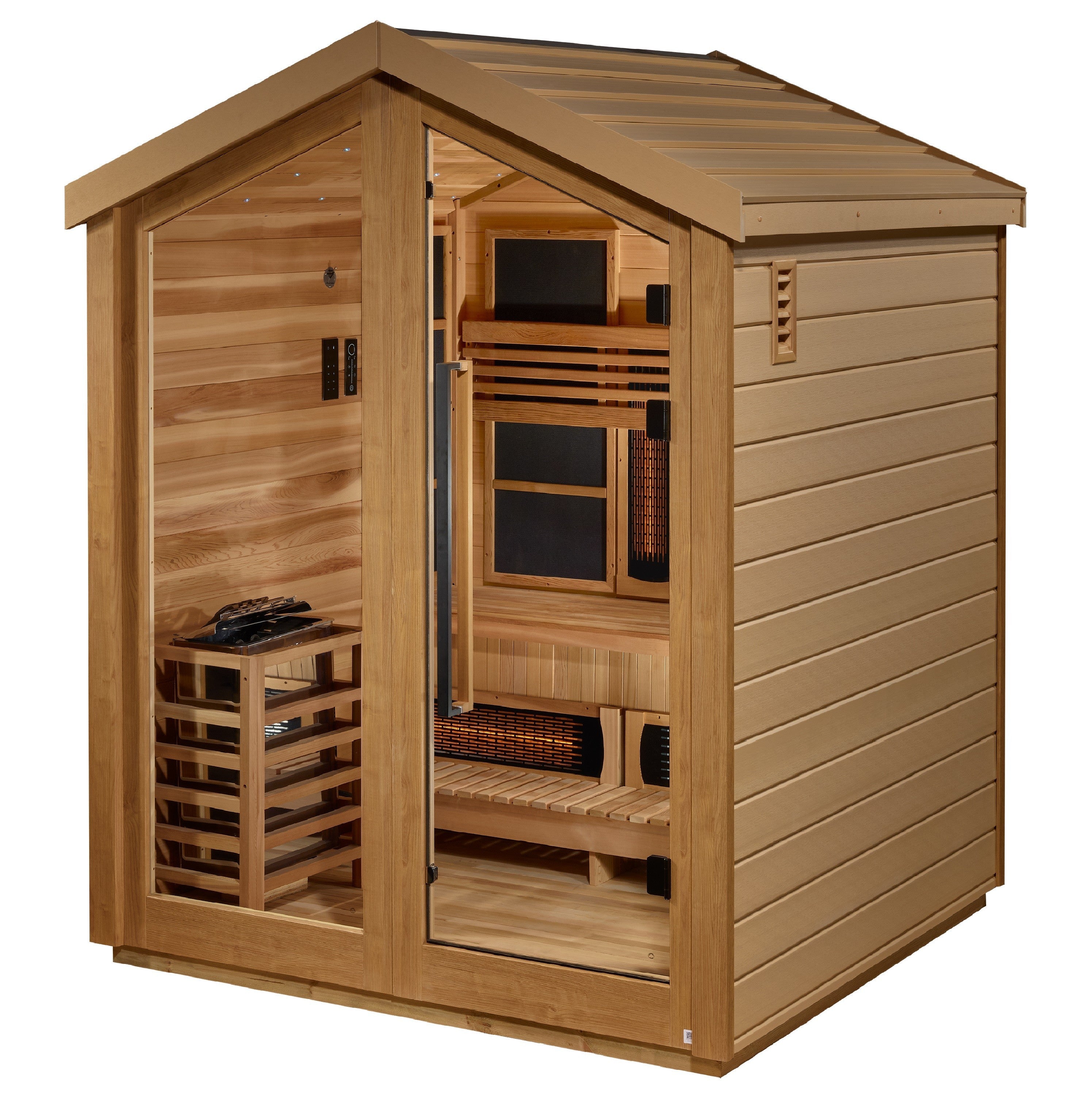 Golden Designs Loviisa 3 Person Hybrid Outdoor Sauna GDI-8523-01 — interior full spectrum infrared panel detail