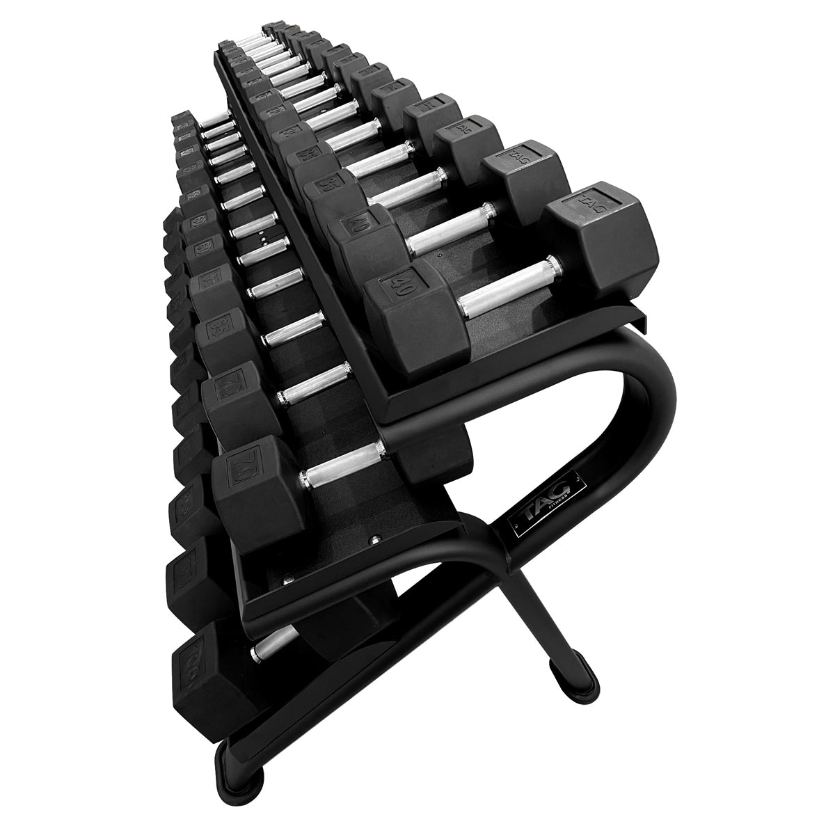 TAG HEX - MEGA Dumbbell Rack – 3 - Tier Tray Storage for 5–100 lb Sets (20 Pairs) - Peak Performance Supply