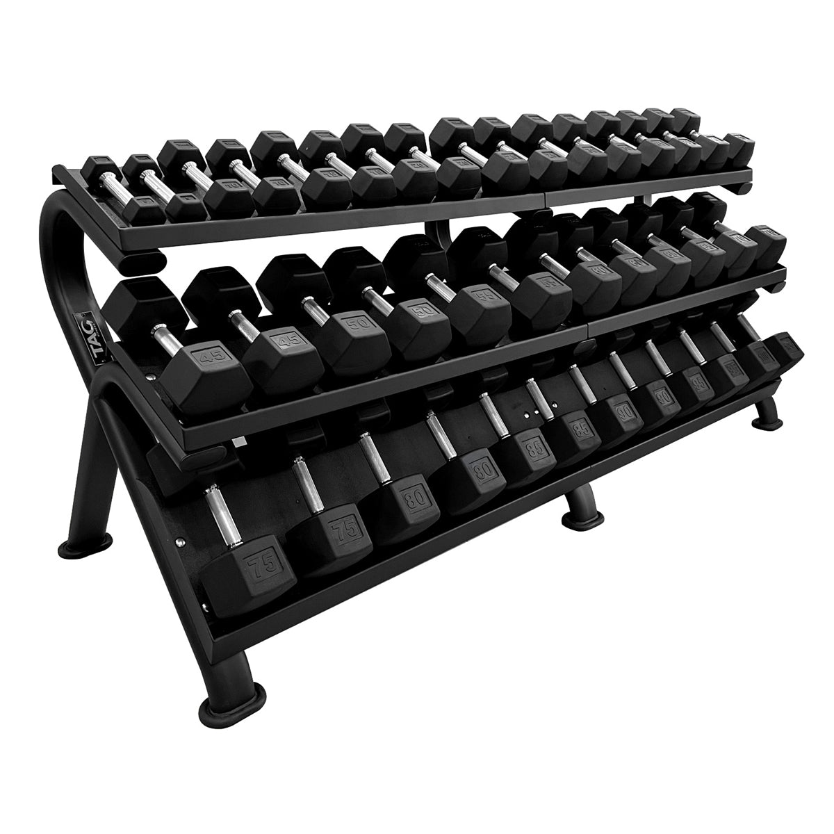 TAG HEX - MEGA Dumbbell Rack – 3 - Tier Tray Storage for 5–100 lb Sets (20 Pairs) - Peak Performance Supply