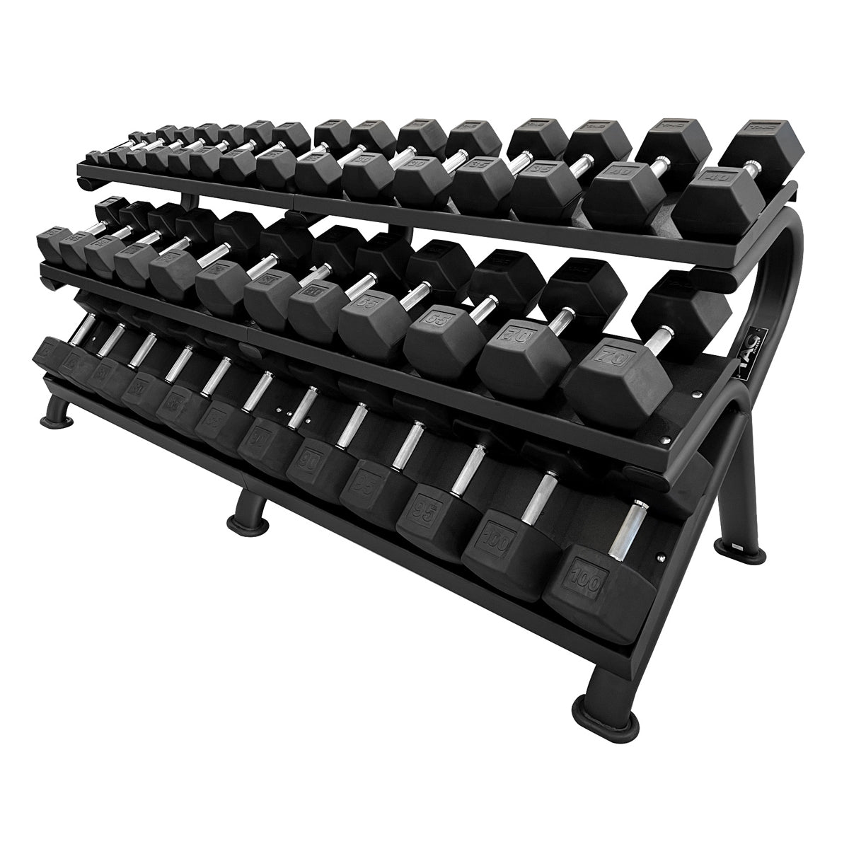 TAG HEX - MEGA Dumbbell Rack – 3 - Tier Tray Storage for 5–100 lb Sets (20 Pairs) - Peak Performance Supply